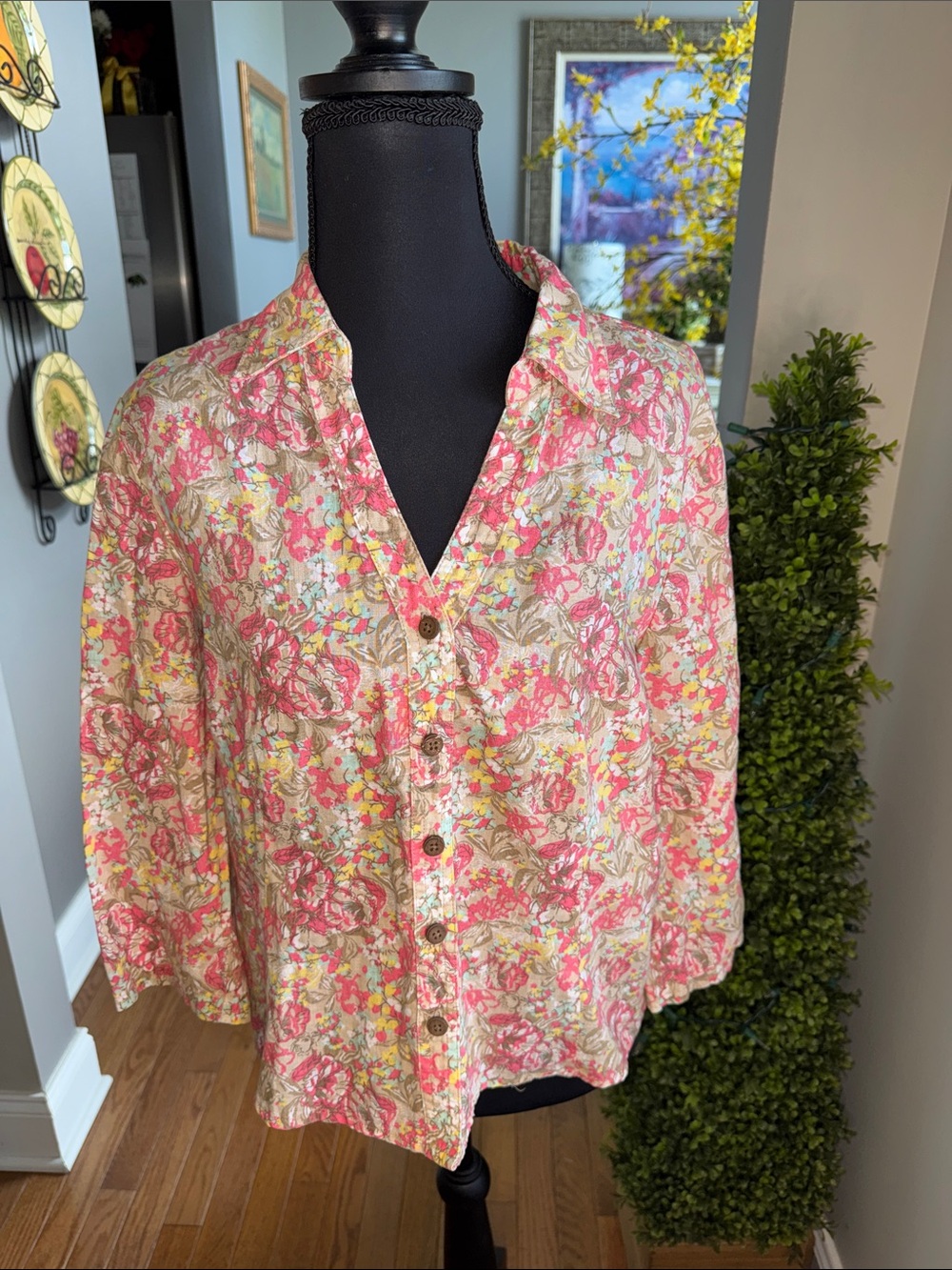 Christopher & Banks Floral Button-Up Top in Pink and Cream